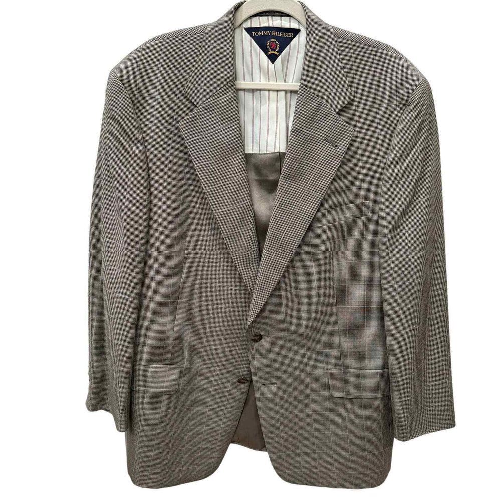 Vtg‎ Tommy Hilfiger Houndstooth Plaid Blazer 44R Brown 2 Button Sport Coat 80s